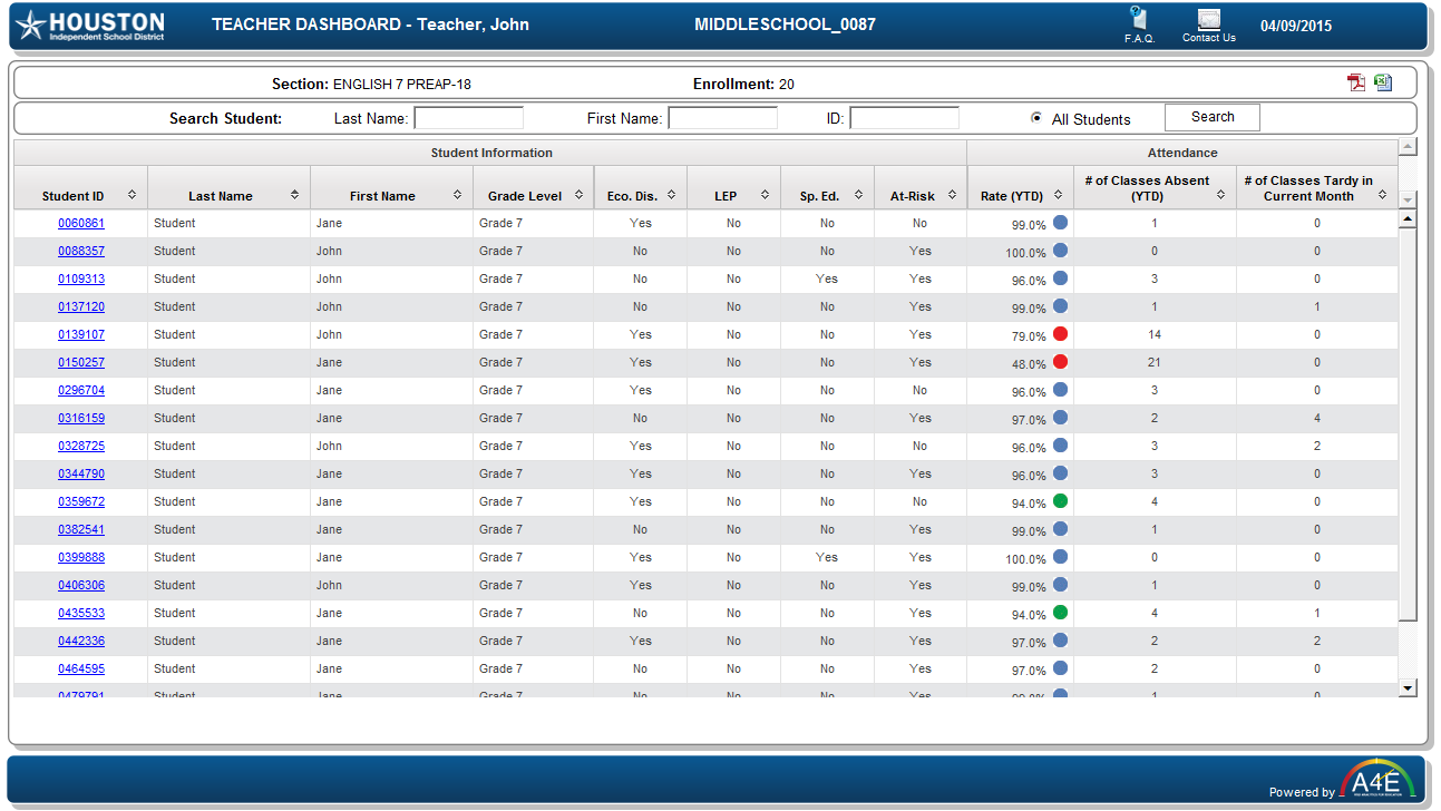 HISD Teacher Dashboard — searchable class roster with at-risk flags, LEP, Special Ed, attendance rate YTD, absences, and tardies per student